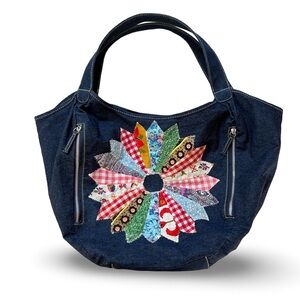 Denim Tote Bag with Vintage Quilt Star Colorful Patchwork Design